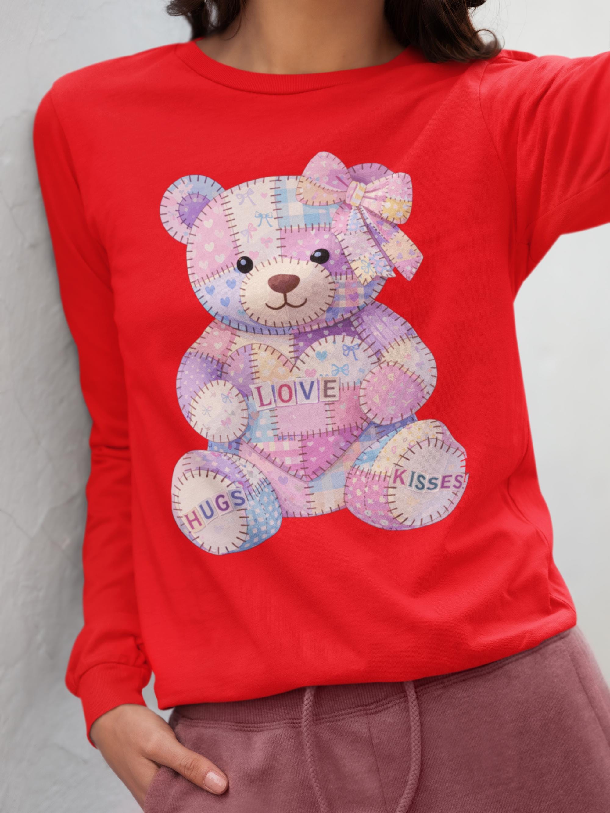 Patchwork Teddy Bear PNG, Valentine Hugs and Kisses PNG, Quilted Love ...