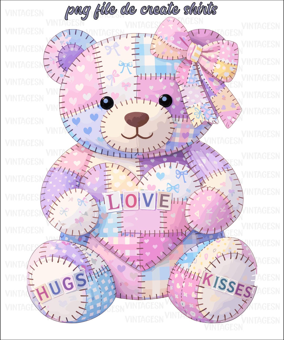 Patchwork Teddy Bear PNG, Valentine Hugs and Kisses PNG, Quilted Love ...