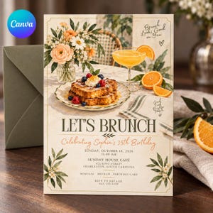 May include: A rectangular invitation card titled LET'S BRUNCH, Celebrating Sophia's 35th Birthday, Sunday, October 18, 2026, 11:00 AM, Sunday House Café, 422 King Street, Charleston, South Carolina. Features illustrations of French toast, mimosas, and flowers.