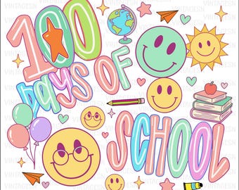Neón 100 días de escuela (Png), Lápiz con lazo coqueto (Png), Camisa de profesor/a/a y estudiante (Png), Brillantina a cuadros (Png), Carita feliz de 100 días (Png), Digital