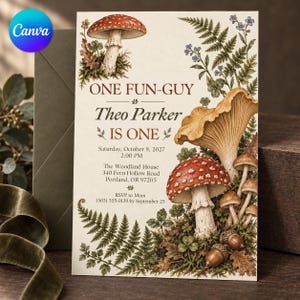 Könnte beinhalten: Eine rechteckige Einladungskarte mit botanischen Illustrationen von rot-weißen Pilzen, Farnen und Eicheln. Der Text lautet: ONE FUN-GUY, Theo Parker IS ONE, Saturday, October 9, 2027, 2:00 PM, The Woodland House, 340 Fern Hollow Road, Portland, OR 97205, RSVP to Mom (503) 555-0139 by September 25.
