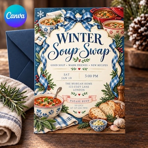 Winter Soup Swap Invitation, Cozy Soup Exchange Party Invite, Rustic Winter Potluck, Editable Canva Template