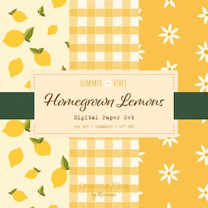 Könnte beinhalten: Ein digitales Papier-Set mit vier Mustern: Zitronen mit Blättern, gelbes Vichy-Karo und weiße Gänseblümchen auf gelbem Hintergrund. Der Text "Summer Vibes" und "Homegrown Lemons" sind auf einem cremefarbenen Banner zu sehen. Das Set ist 30,48 cm und nahtlos.