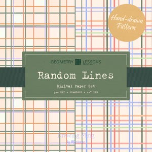 May include: Digital paper set featuring a hand-drawn pattern of random lines in orange, blue, green, and gray on a cream background. The text "Random Lines" is displayed on a green rectangle, along with other details.