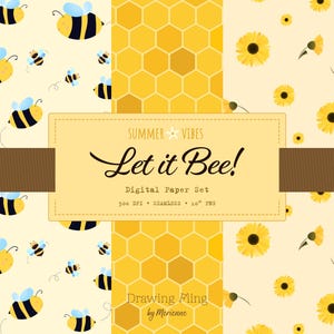Puede incluir: Conjunto de papel digital con temática de verano. El diseño incluye abejas de dibujos animados, patrones de panal y girasoles. El texto "Summer Vibes Let it Bee!" se muestra sobre un fondo amarillo claro. El conjunto es de 25.4 cm y sin costuras.