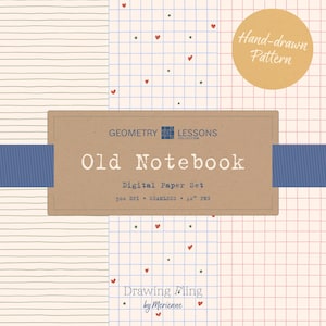 May include: Digital paper set titled "Old Notebook" with various patterns. Includes lined paper, grid paper with red lines, and grid paper with blue lines. The design features small red hearts and the text "Hand-drawn Pattern".