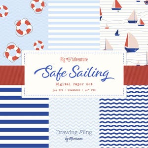 Sea motifs, sailing seamless pattern, 6 PNG, boats, waves, swim ring, lifesaver, stripes, lifebuoy