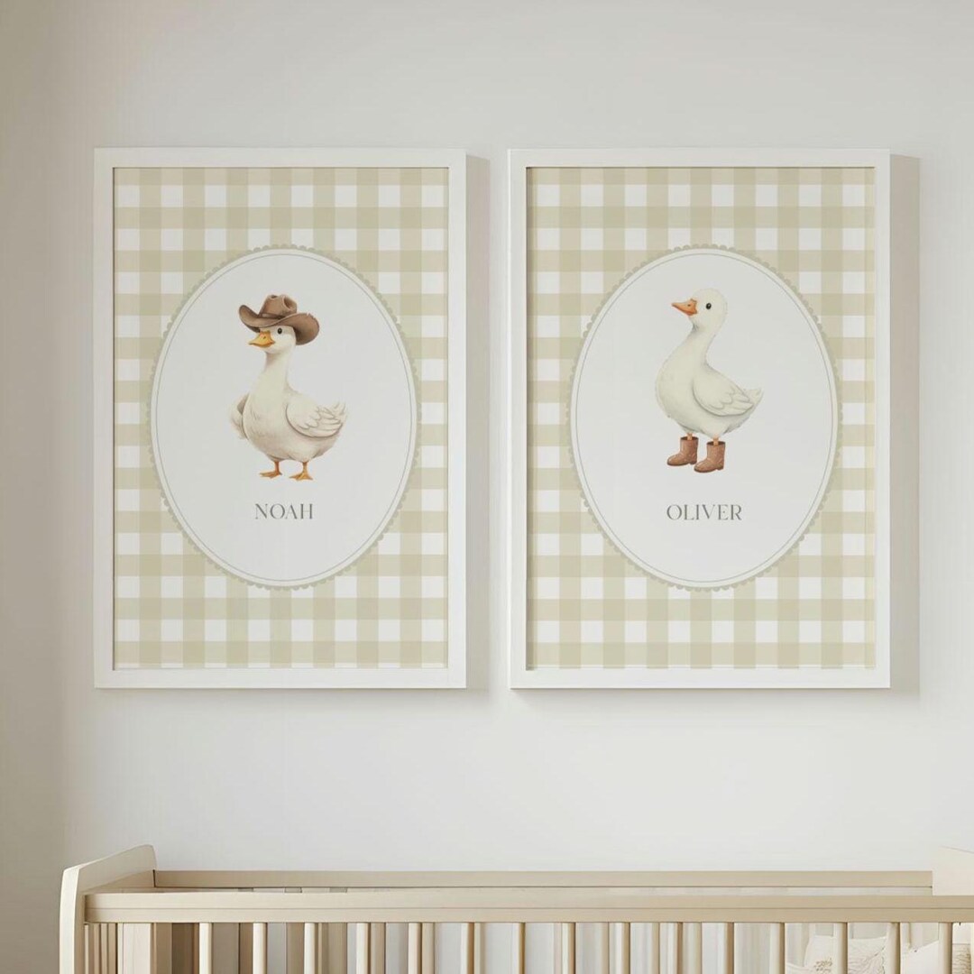 Personalized Twin Goose Nursery Wall Art | Beige Gingham Baby Name ...
