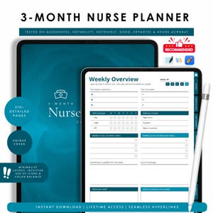 May include: A digital 3-month nurse planner displayed on a tablet, featuring a teal cover and a weekly overview layout. The planner includes sections for intentions, priorities, shift schedules, and wellness tracking. Text includes "3-MONTH NURSE PLANNER" and "INSTANT DOWNLOAD".