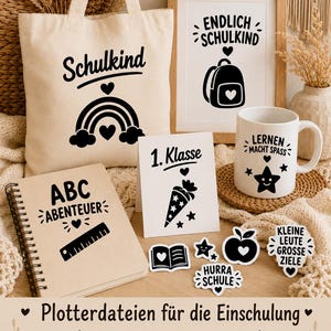 Könnte beinhalten: Eine Sammlung von Artikeln zum Thema Schule, darunter eine Tragetasche, ein gerahmter Druck, eine Tasse, ein Notizbuch und Aufkleber. Die Tragetasche und der Druck zeigen den Text "Schulkind" und "Endlich Schulkind". Auf der Tasse steht "Lernen macht Spass."