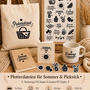 Peut inclure: Ensemble d'articles sur le thème de l'été, comprenant un sac fourre-tout, une œuvre d'art encadrée, une tasse et des autocollants. Le sac fourre-tout et la tasse affichent les mots "Picknickzeit" et "Lieblingsmoment". L'œuvre encadrée comprend des icônes et des phrases estivales. Les articles sont en noir et blanc.