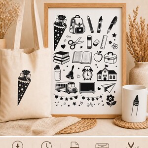 School enrollment SVG plotter file | Back to school, school cone, satchel, pen | Cricut Silhouette plotter | Digital download