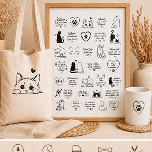 Könnte beinhalten: Eine beige Stofftasche mit schwarzer Katzenillustration, ein gerahmter Druck mit verschiedenen Katzenmotiven und deutschem Text sowie eine weiße Keramiktasse mit einem schwarzen Herz- und Pfotenabdruck-Design auf einer neutralen Oberfläche.