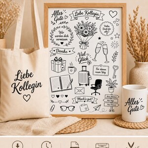 May include: A beige canvas tote bag, a framed print, and a white ceramic mug, all featuring black line art illustrations and German text including "Liebe Kollegin" and "Alles Gute". The print displays icons of flowers, a suitcase, and office items.