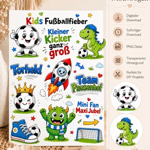 Könnte beinhalten: Ein digitaler Motivbogen mit dem Titel Kids Fußballfieber, der Cartoon-Illustrationen eines Fußball-Charakters, eines grünen Dinosauriers mit blauer Kappe, einer Fußball-Rakete, eines gekrönten Fußballs und eines grünen Monsters zeigt.