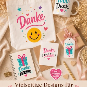 Könnte beinhalten: Eine Auswahl an Geschenkartikeln mit dem Wort "Danke" in verschiedenen Designs. Enthält eine Tragetasche, eine Tasse, ein Geschenk-Etikett, ein Notizbuch und Karten. Die Artikel zeigen Herzen, Sterne und einen Smiley. Der Text "1000 Dank" steht auf der Tasse.