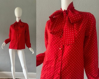 Vintage 70s Red Polka Dot LEE MAR Bow Button Secretary Blouse Top M/L