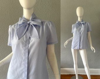 Vintage 70s Light Blue BOW Semi Sheer Button Blouse Top M