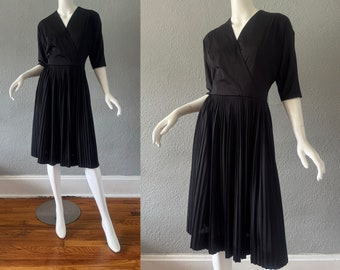 Vintage 70s Black Pleated Faux Wrap Disco Party Dress S 40