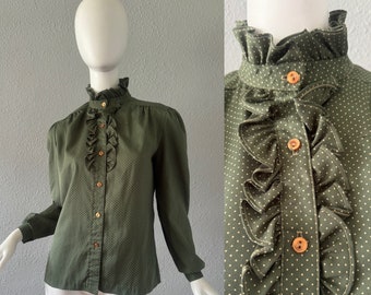 Vintage 70s Olive Green Ruffle Button Long Sleeve Secretary Blouse Top M/L