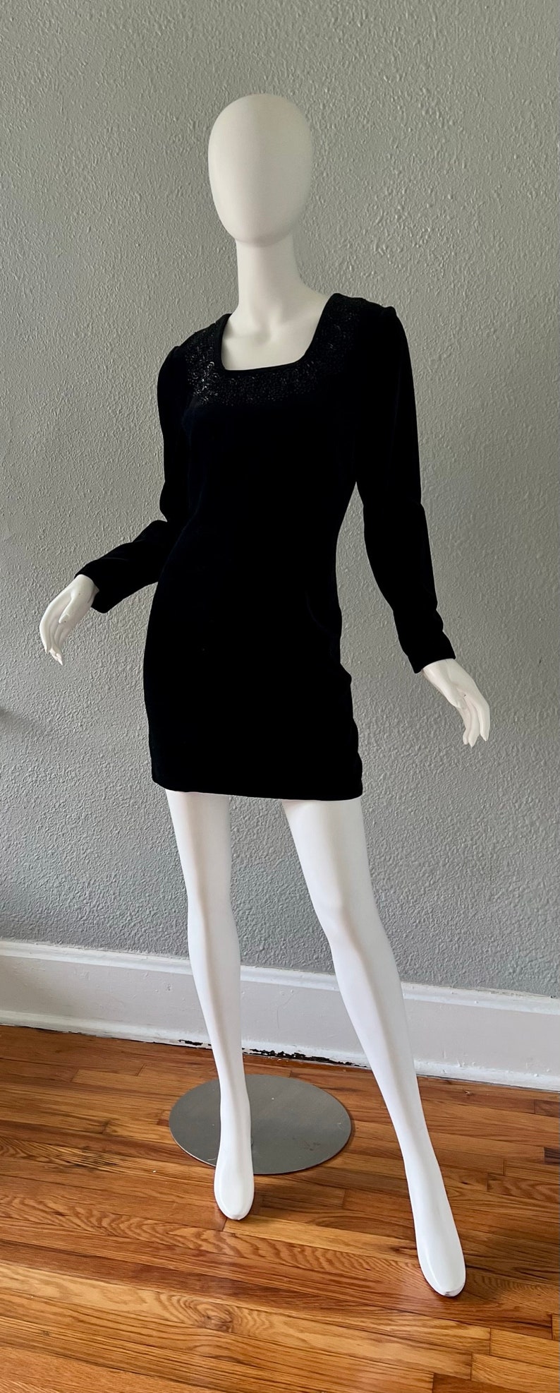 Vintage Black Cotton Velvet LAURA ASHLEY Mini Wiggle Beaded Dress S image 4