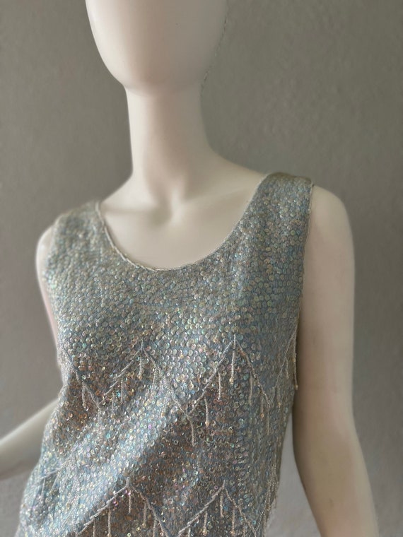 Vintage 60s Ice Blue WOOL Embellished Sequin BEAD… - image 5