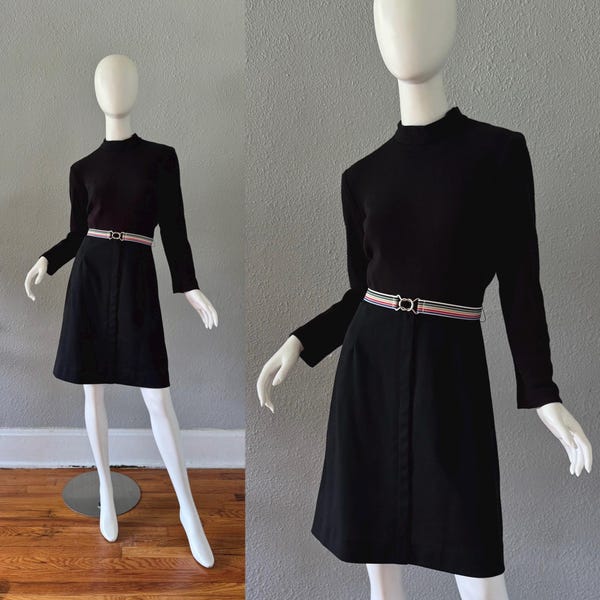 Vestido mini vintage de punto negro de los años 60 con mangas largas simuladas MOD M/L