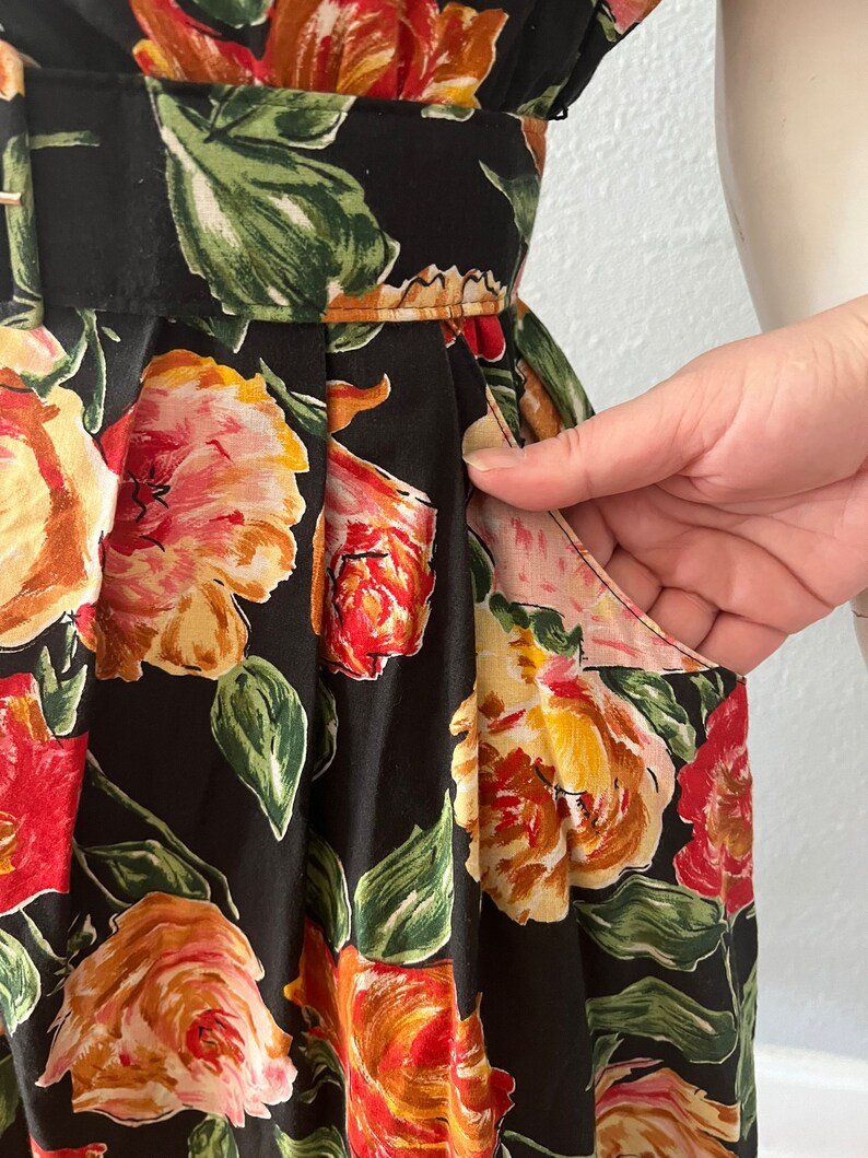 Vintage 80s Black Floral Rose Print Cotton Midi Belt Shirt Dress S/M - Etsy