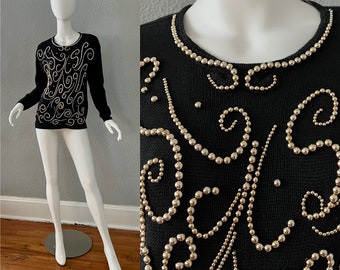 Vintage Black RAMIE Knit Gold Bead EMBELLISHED Slouchy 90s Sweater Top S/M