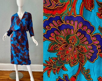 Vintage 80s Blue Paisley Cotton Dolman Sleeve Wiggle Dress M