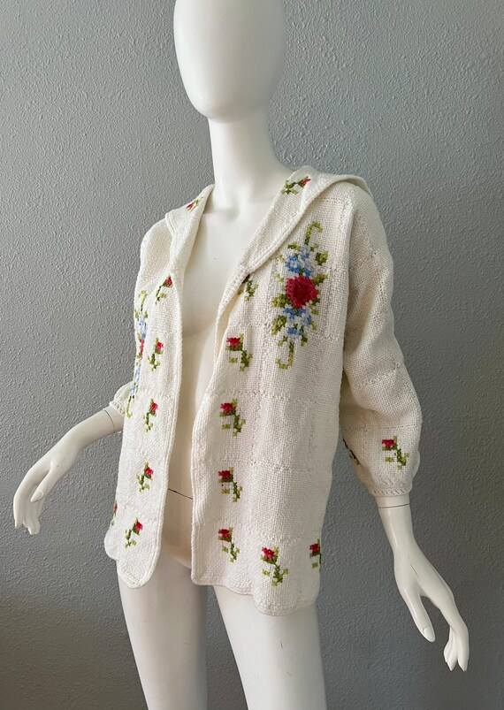 Vintage 40s 50s White Floral Hand Knit Rockabilly… - image 6