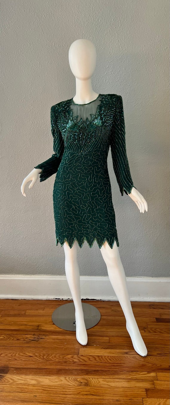 Vintage Green ART DECO Silk Beaded Long Sleeve Mi… - image 3