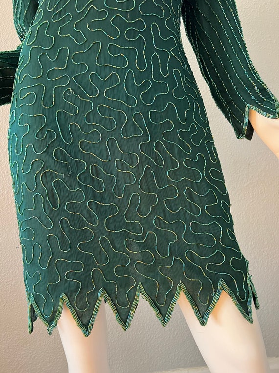 Vintage Green ART DECO Silk Beaded Long Sleeve Mi… - image 6