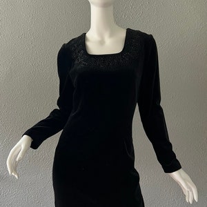 Vintage Black Cotton Velvet LAURA ASHLEY Mini Wiggle Beaded Dress S image 5