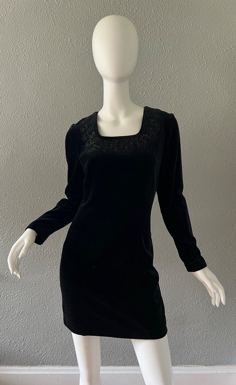 Vintage Black Cotton Velvet LAURA ASHLEY Mini Wiggle Beaded Dress S image 5