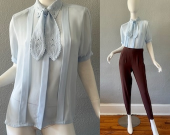 Vintage 80s Light Blue SHEER Pleated Embroidered Ascot Tie Blouse Top M