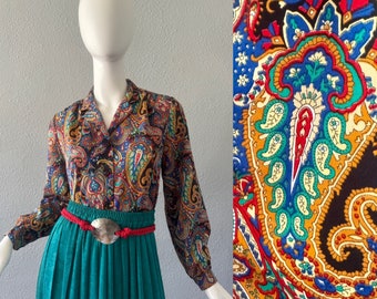 Vintage 80s Colorful PAISLEY Button Long Sleeve Blouse Top M/L