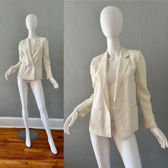Vintage 80s White Double Breasted Blazer Jacket S… - image 1