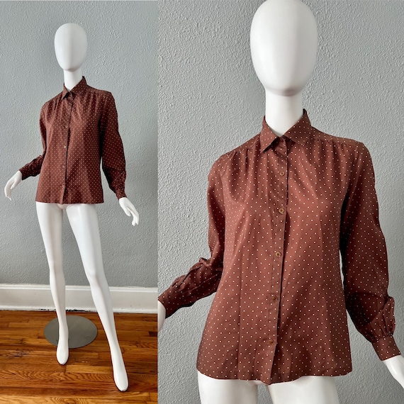 Vintage 70s Brown Polka Dot Button Secretary Blou… - image 1