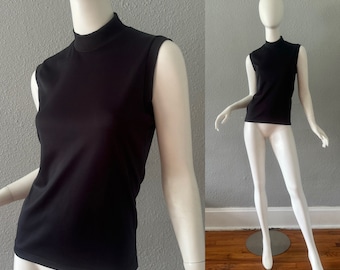 Vintage 60er 70er Schwarze Rollkragen MOD Ärmellose Top Bluse XS/S