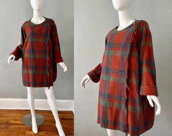 Vintage 70s Plaid Wool Blend Over Sized Fringe Poncho Cape Coat M/L