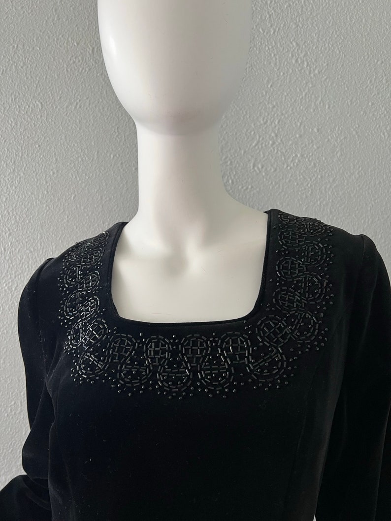 Vintage Black Cotton Velvet LAURA ASHLEY Mini Wiggle Beaded Dress S image 6