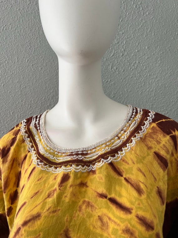 Vintage 60s Brown Boho TIE DYE Yellow Hippie Caft… - image 5