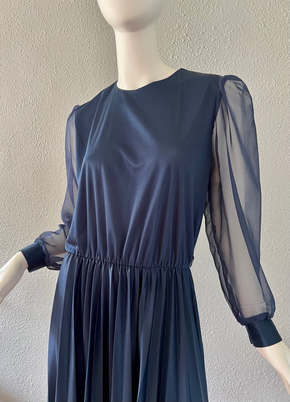 Vintage 70s Navy Blue Sheer Poet Sleeve Pleated D… - image 6