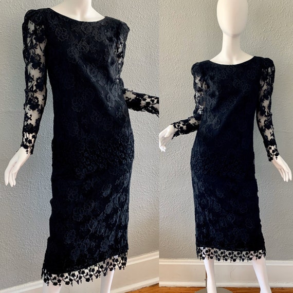 Vintage Black Lace Sheer Long Sleeve Cocktail Par… - image 1