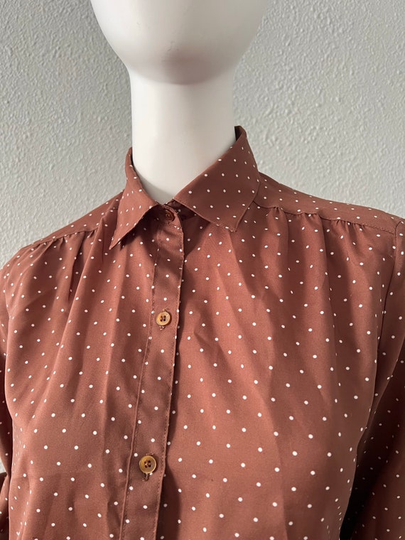 Vintage 70s Brown Polka Dot Button Secretary Blou… - image 5