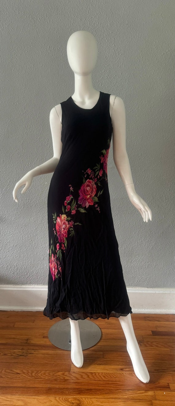 Vintage 90s Black Sleeveless Rayon Floral Beaded … - image 3