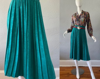 Vintage 80s Teal Brocade Accordion Pleated Midi Skirt XL