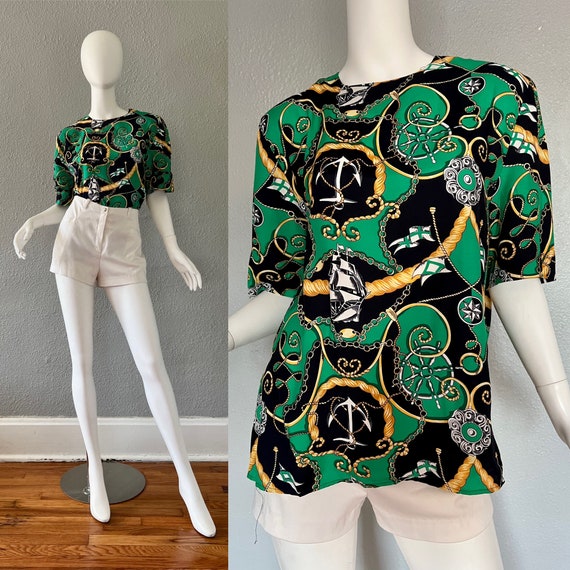 Vintage 80s Green NAUTICAL Baroque Psychedelic Bl… - image 1