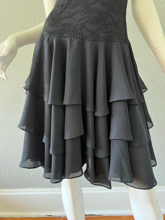 Vintage 80s Black Lace Tiered Ruffle Chiffon Drop… - image 7